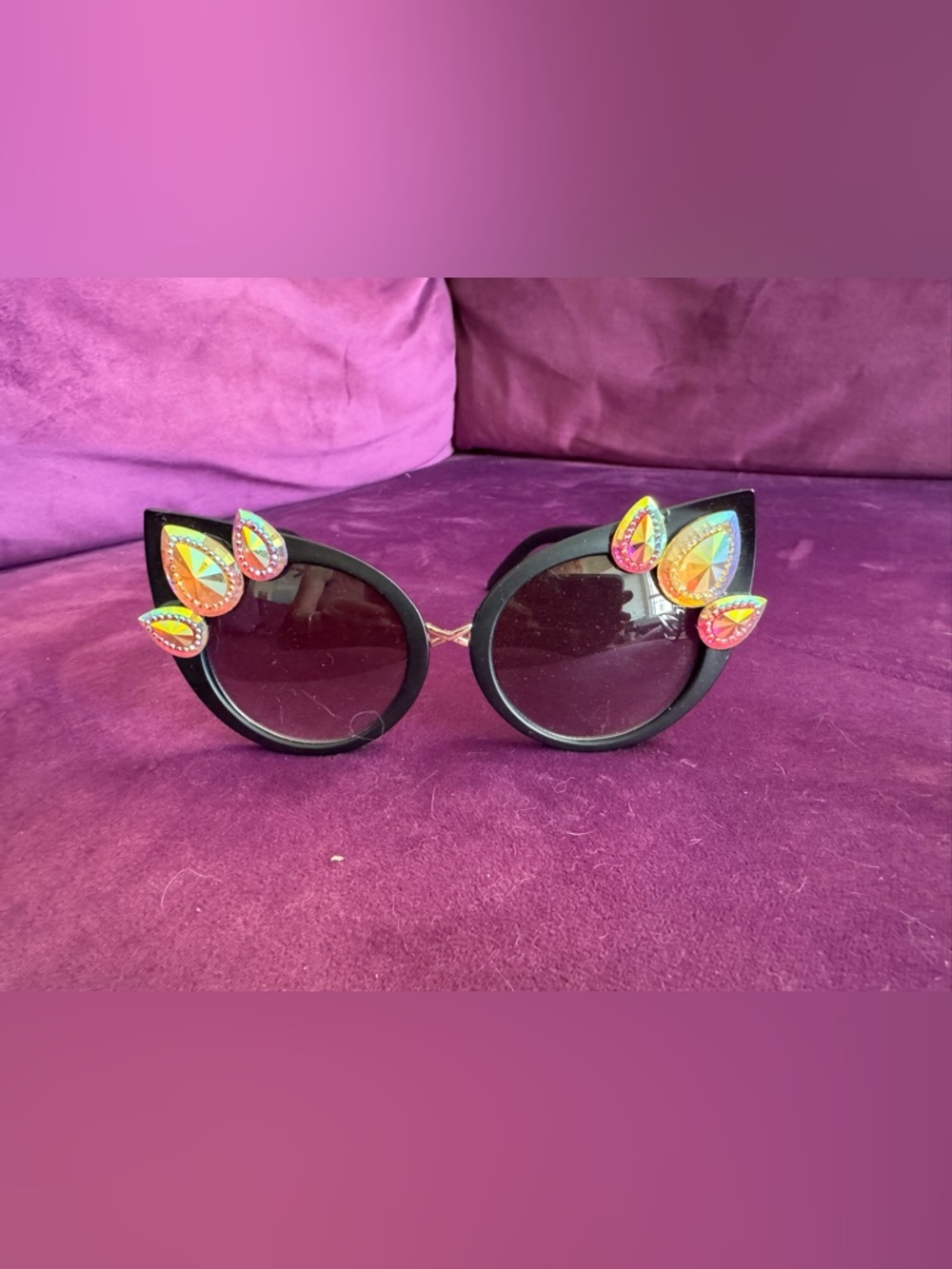 Women's Black Round Sunglasses with Multicolor Jewel Accents